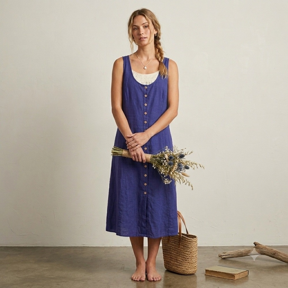 Styleworks Button Front Dress L Blue Cotton Linen Coastal Cottagecore Peasant